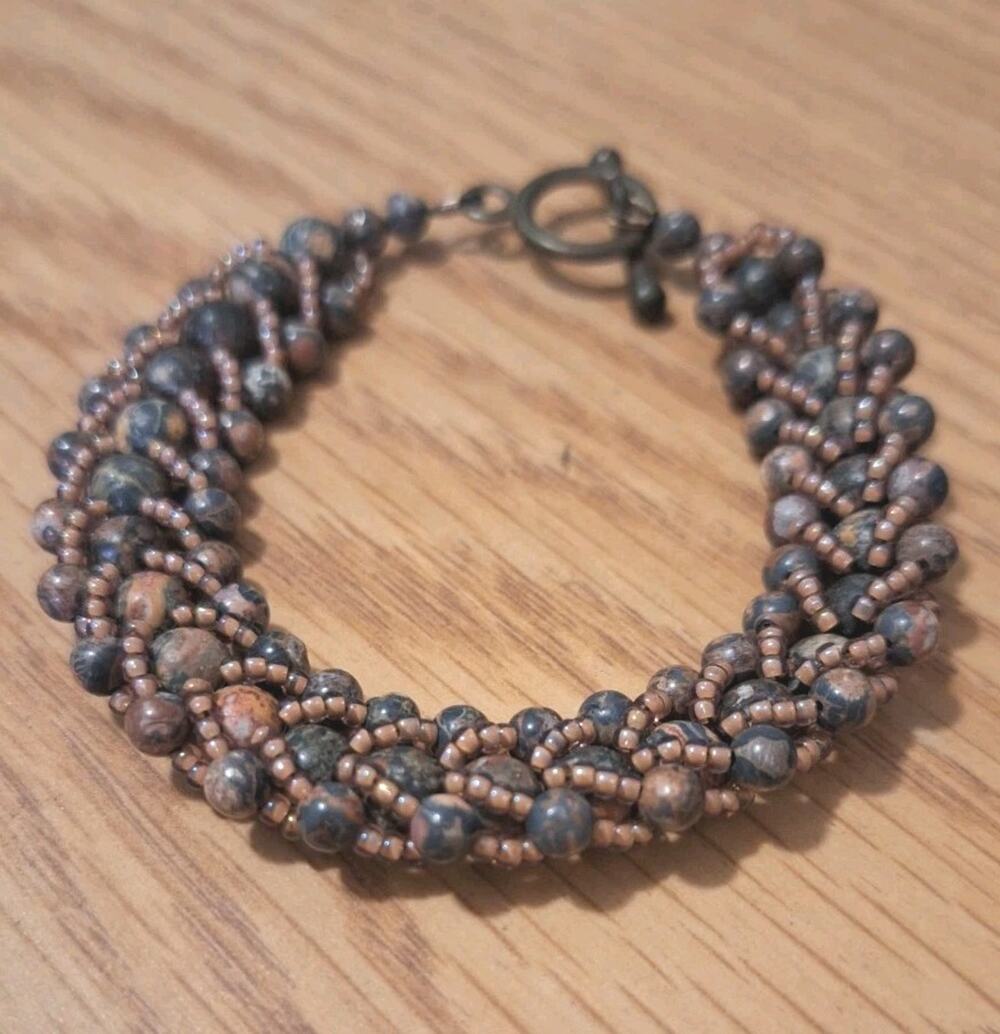 Artisan Woven Natural Jasper Bead Bracelet Copper Seed Bead Spiral Rope 7.25"